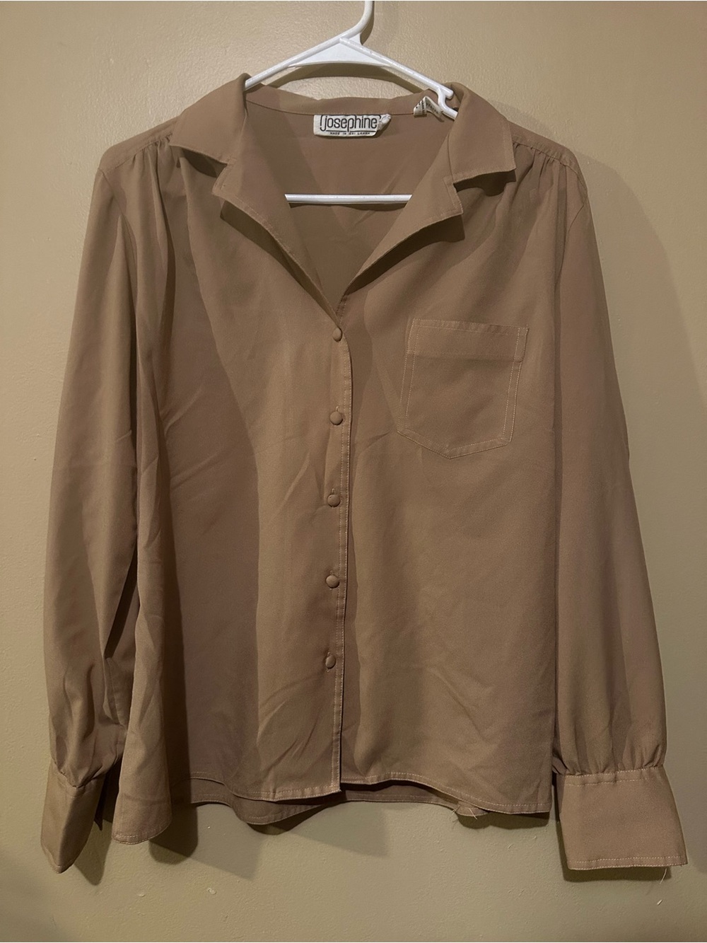 Vintage Josephine Soft Taupe Button-Front Long Sleeve Blouse